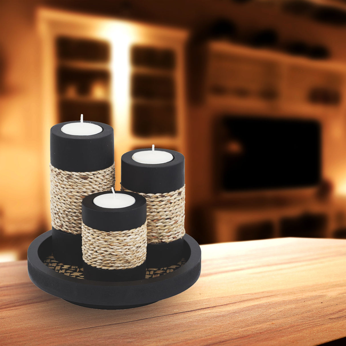 IYARA CRAFT Tealight Candle Holders with Candle Tray Set of 3 Decorative Candle Holders Matte Wood Finish with Small Rope Decoration IYARA CRAFT
