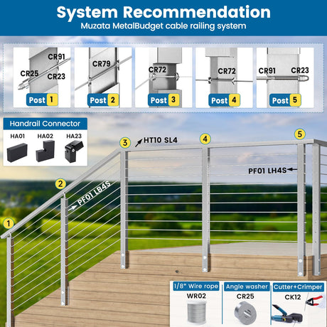 Muzata Side Mount Cable Railing Post 36 Inch 36"x2"x2" Level Drilled Space-Saving Brushed Stainless Steel Cable Railing System Kit Indoor Outdoor with User Guide PF02 LH4S Muzata
