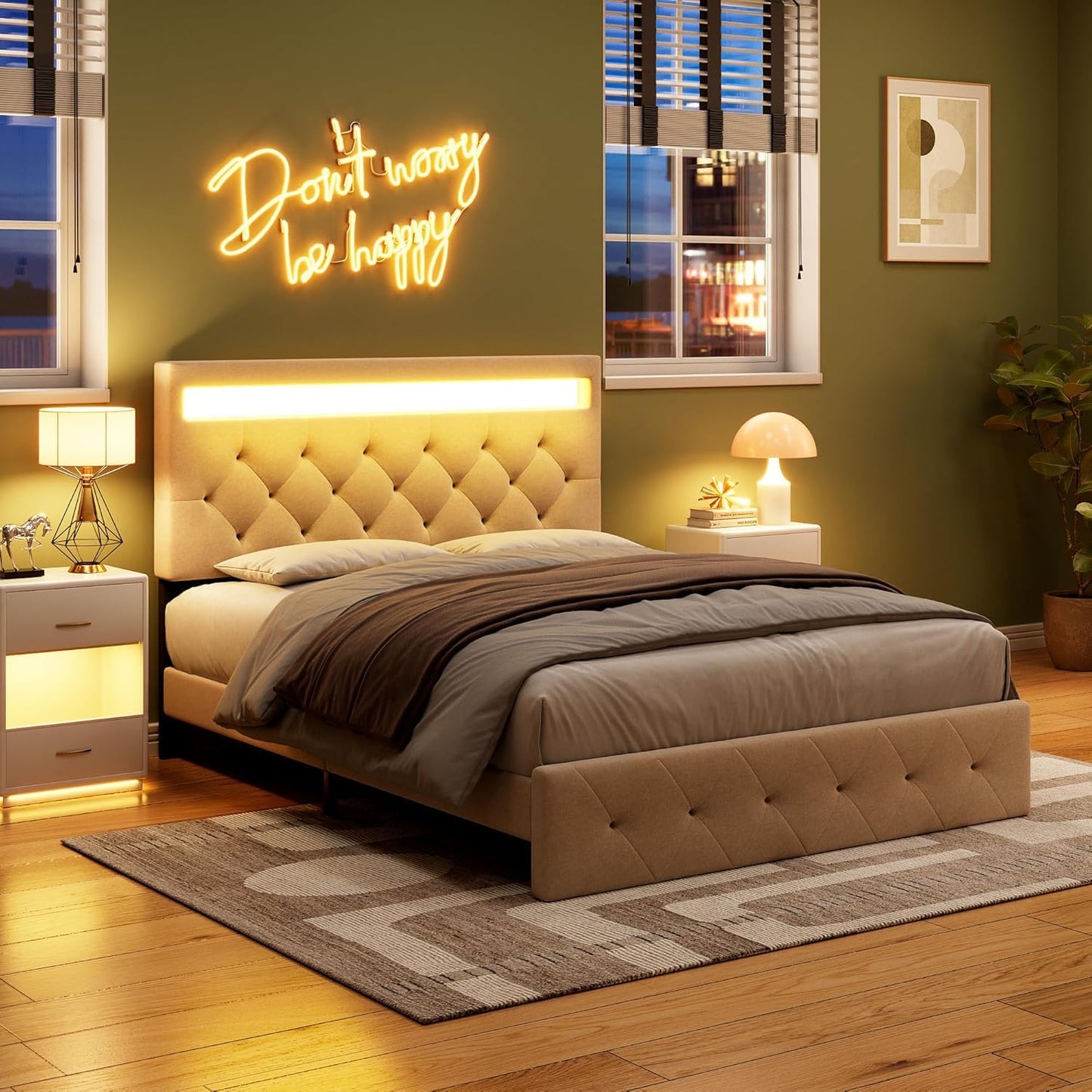 GarveeHome Full Size Upholstered Bed Frame with RGB LED Lights and Charging Station - WoodArtSupply