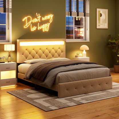 GarveeHome Queen Size Upholstered Bed Frame with Adjustable Headboard, Charging Station, and RGB LED Lights - WoodArtSupply