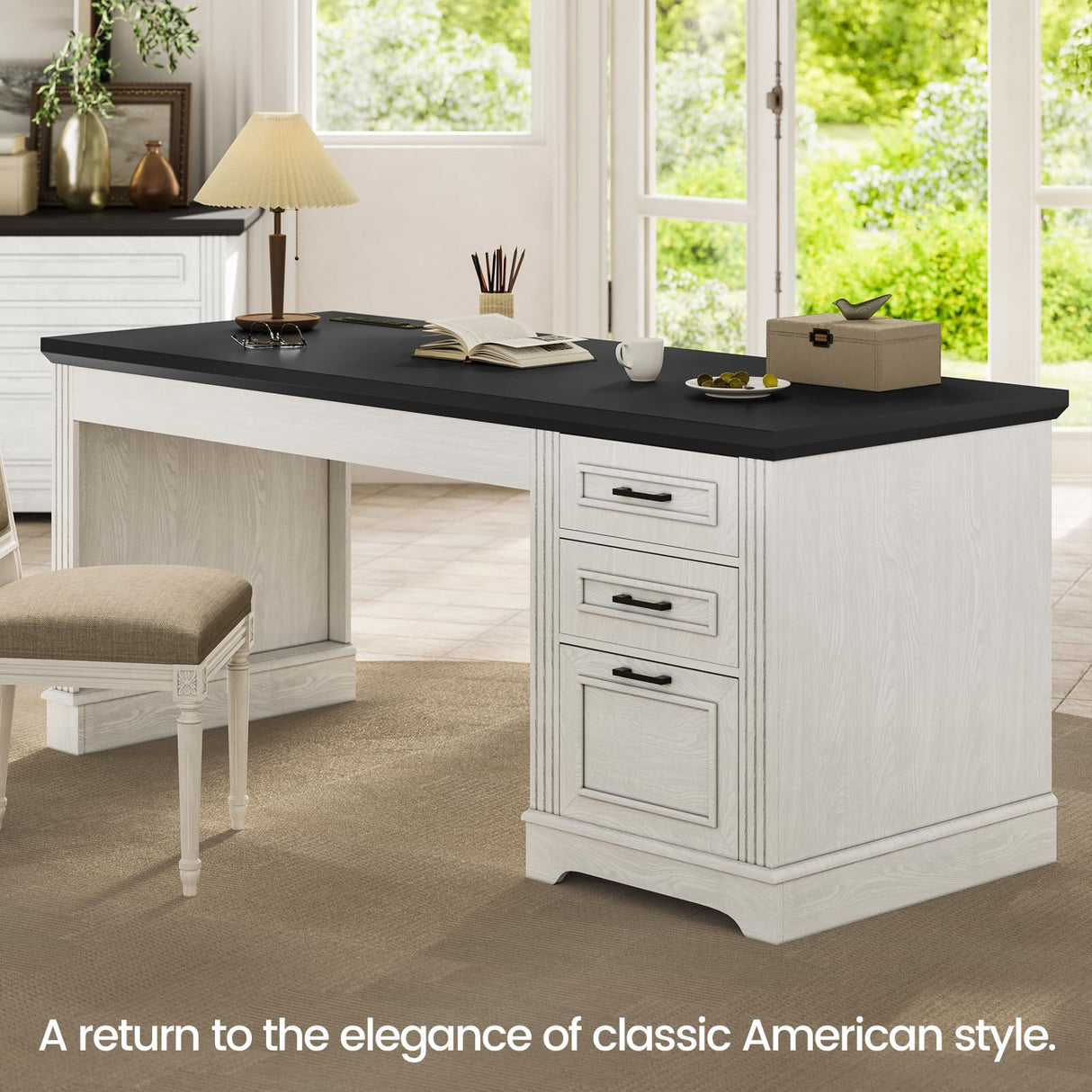 Itaar Farmhouse 55" Executive Desk, Computer Desk with Storage Drawers and Power Outlet, Home Office Desk, Workstation for Office Home, White Itaar