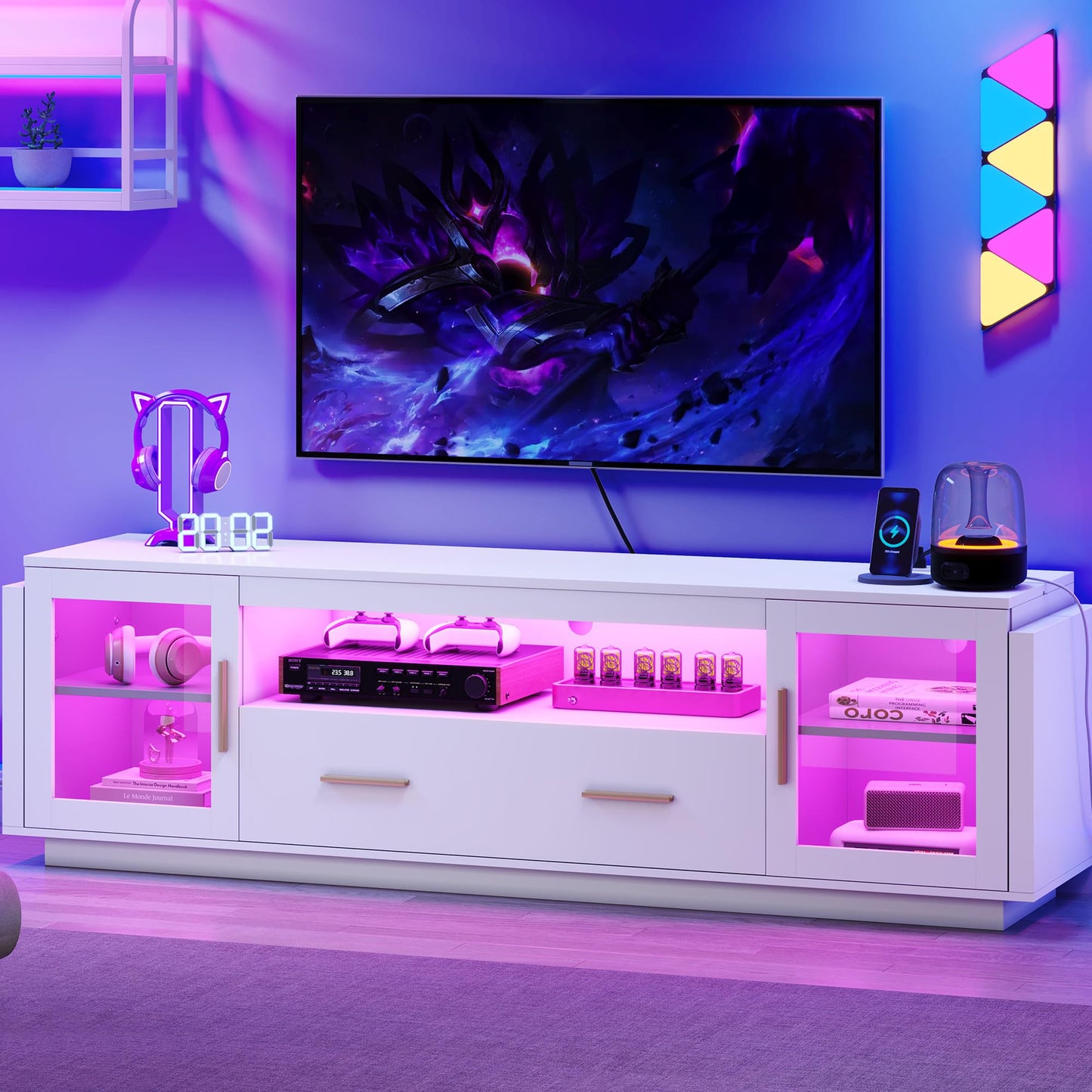 YITAHOME Modern TV Stand with Led Lights & Power Outlets, Stylish Entertainment Center Console with Storage Drawers & Glass Display, Supports Up to 75" TVs, Ideal for Living Rooms and Media S - WoodArtSupply