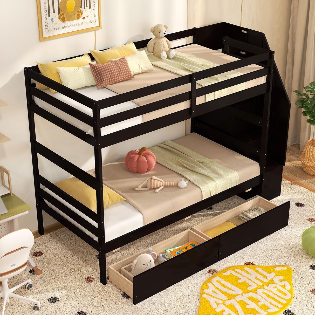 Giantex Bunk Bed Twin Over Twin with Storage Stairs & Drawers, Solid Wood Bunk Bed with Full-Length Guardrails, Convertible to 2 Beds, Versatile Bunk Beds for Kids Teens Adults, Espresso Giantex