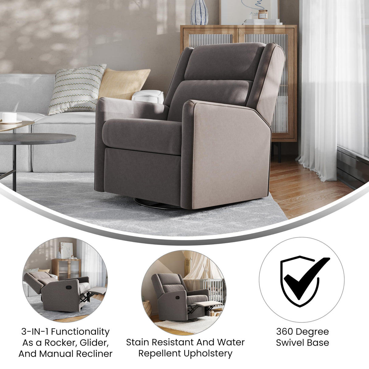 EMMA + OLIVER Mari Manual Glider Rocking Recliner, Traditional Recliner with 360 Degree Swivel, for Living Room, Bedroom, or Nursery, Fabric Upholstered, Dark Gray EMMA + OLIVER