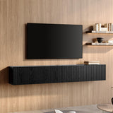 FITUEYES Large Floating TV Shelf Wood Media Entertainment Center,Wall Mounted Shelf with 3 Fluted Doors for TVs up to 80",Floating Storage Cabinet Under TV for Living Room, Bedroom,Black FITUEYES