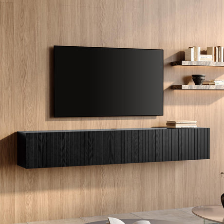 FITUEYES Large Floating TV Shelf Wood Media Entertainment Center,Wall Mounted Shelf with 3 Fluted Doors for TVs up to 80",Floating Storage Cabinet Under TV for Living Room, Bedroom,Black FITUEYES
