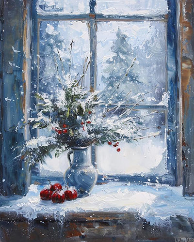 Paint by Numbers for Adult Winter Windowsill Snow Scene DIY Canvas Oil Painting Kit for Adults with Paintbrushes Acrylic Pigment Drawing Paintwork, 40x50cm, Without Frame