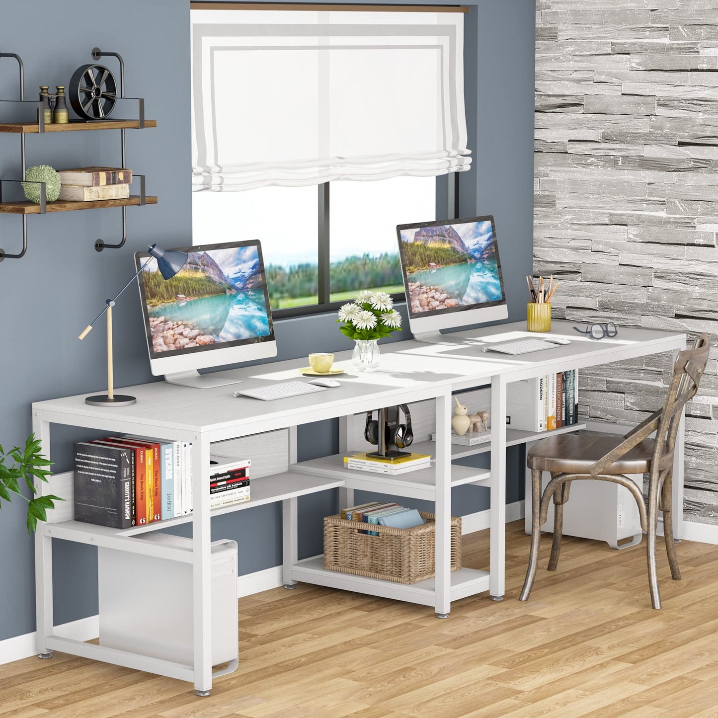 Tribesigns 78-Inch Rustic Double Desk with Bookshelf for Two-Person Workstation in White - WoodArtSupply