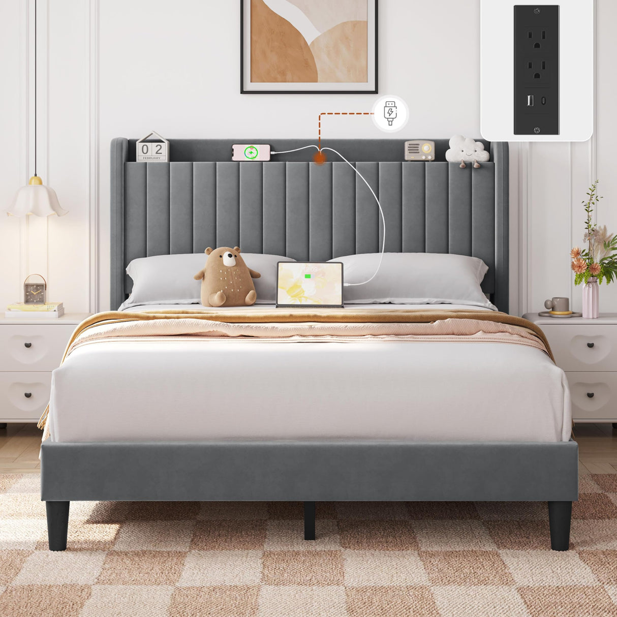 Yaheetech Queen Bed Frame with USB Charging Station and Storage Shelf/Upholstered Headboard Platform Bed with Wing Side/Wooden Slats Support/Noise Free/No Box Spring Needed/Easy Assembly, Light Grey Yaheetech