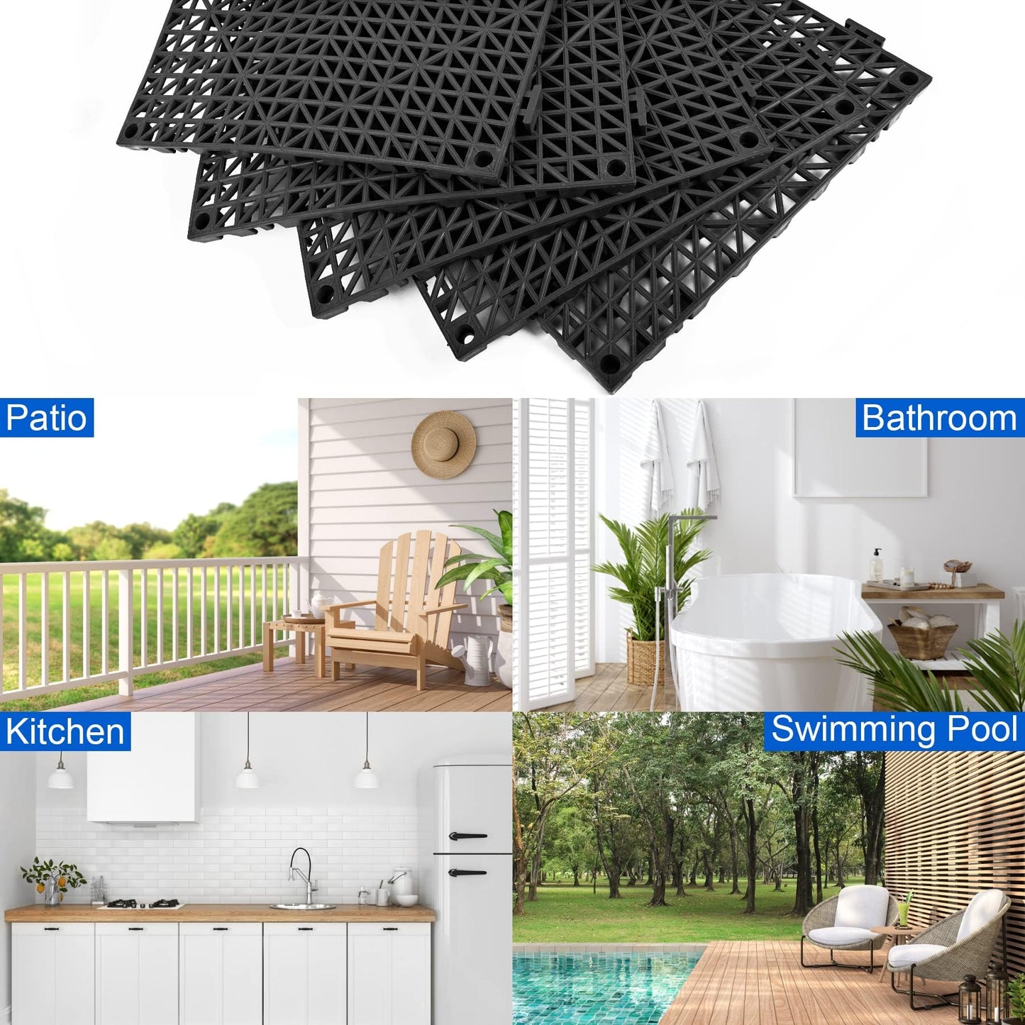 MYFAMIREA Modular Interlocking Cushion 12 Pack 11.8" x 11.8" Rubber Floor Tiles Non-Slip Splicing Drainage Mats for Deck, Pool, Outdoor Shower, Patio, Balcony, Indoor Bathroom, Kitchen (Gary Black)