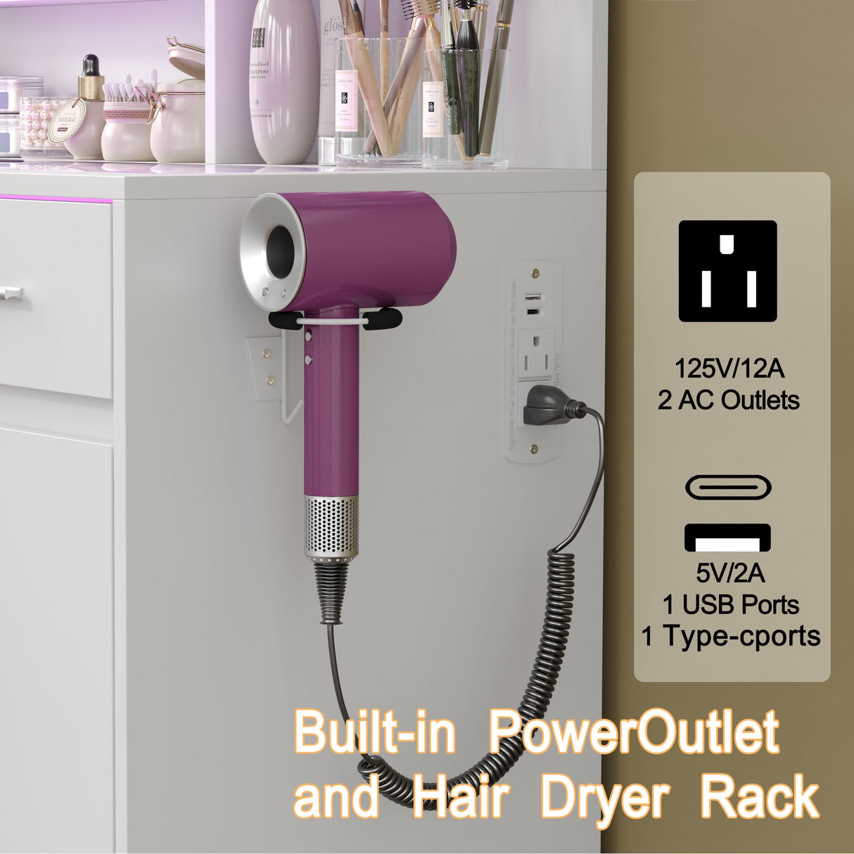 HuaYing White Vanity Desk with Mirror and Lights, Vanitys with Glass Top & Power Outlet, Dressing Table with 36 Lighting Modes Brightness Adjustable RGB Drawers, for Women Girls Bedroom HuaYing