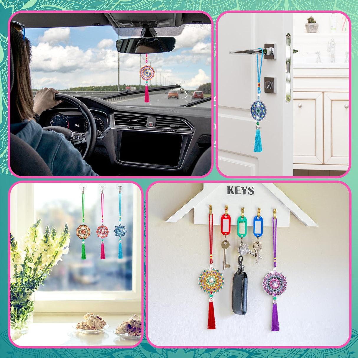 JenPen 12 Pcs Diamond Painting Car Ornaments Diamond Art Ornament for Car Double Sided Painting Hanging Ornament Crystal Gem Garden Decoration Paint DIY Kit(Mandala) JenPen