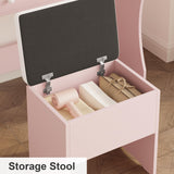 LIKIMIO Makeup Vanity Desk with Mirror and Lights, Pink Makeup Vanity Table Set with Stool Drawers, Power Socket, Dressing Table with 3 Lighting Colors, Vanities for Bedrooms LIKIMIO