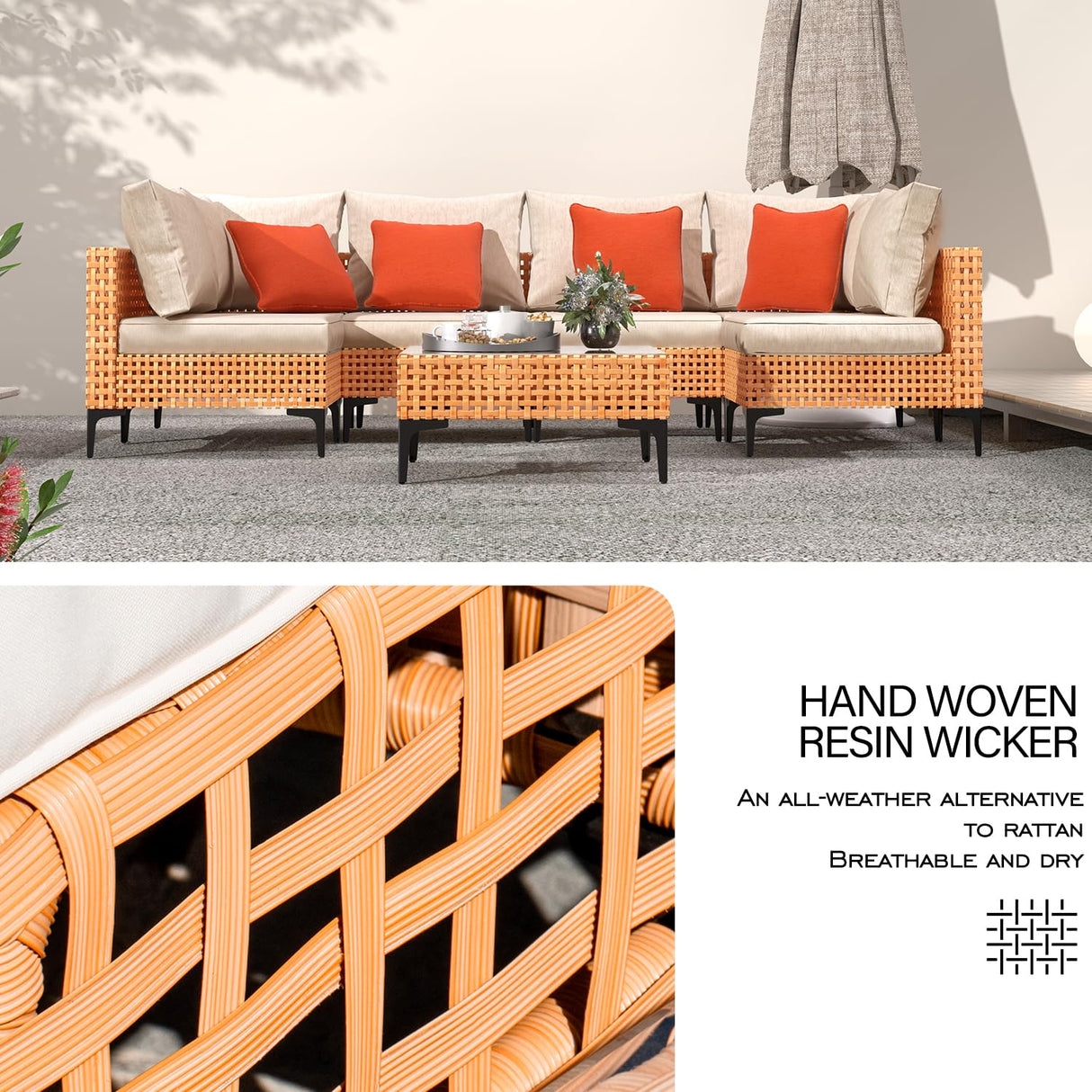 ARTBUSKE 7 Piece Outdoor Patio Furniture Set Modular Outdoor Furniture Set Wicker Outdoor Sectional Sofa with Table Patio Set for Balcony Porch Deck Yard (Salmon&Orange Wicker, Sand Cushion) ARTBUSKE