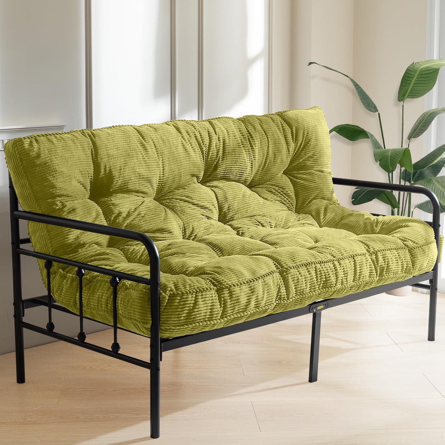 MAXYOYO 6" Futon Mattress Full Size, Tufted Futons Sofa Couch Bed with Twisted Rope Design Edging, Thick Corded Fabric Floor Mattress for Adults, Shredded Foam Filling (Frame Not Included), Green