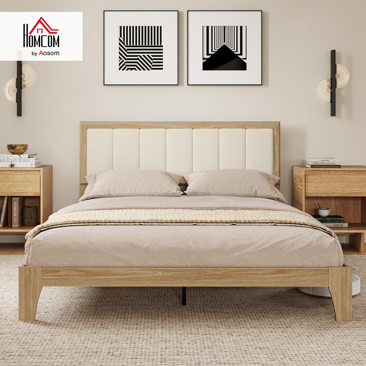 HOMCOM Queen Size Bed Frame with Upholstered Headboard, Platform Bed Frame with Wooden Slats, No Box Spring Needed, Easy Assembly, Oak HOMCOM