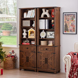 Joaxswe 72in Tall Bookshelf 7 Tier Bookcase with Drawer and Barn Doors and Adjustable Shelves, Brown Farmhouse Book Shelf with Storage Cabinet, Wood Freestanding Display Bookshelves for Kitchen Joaxswe