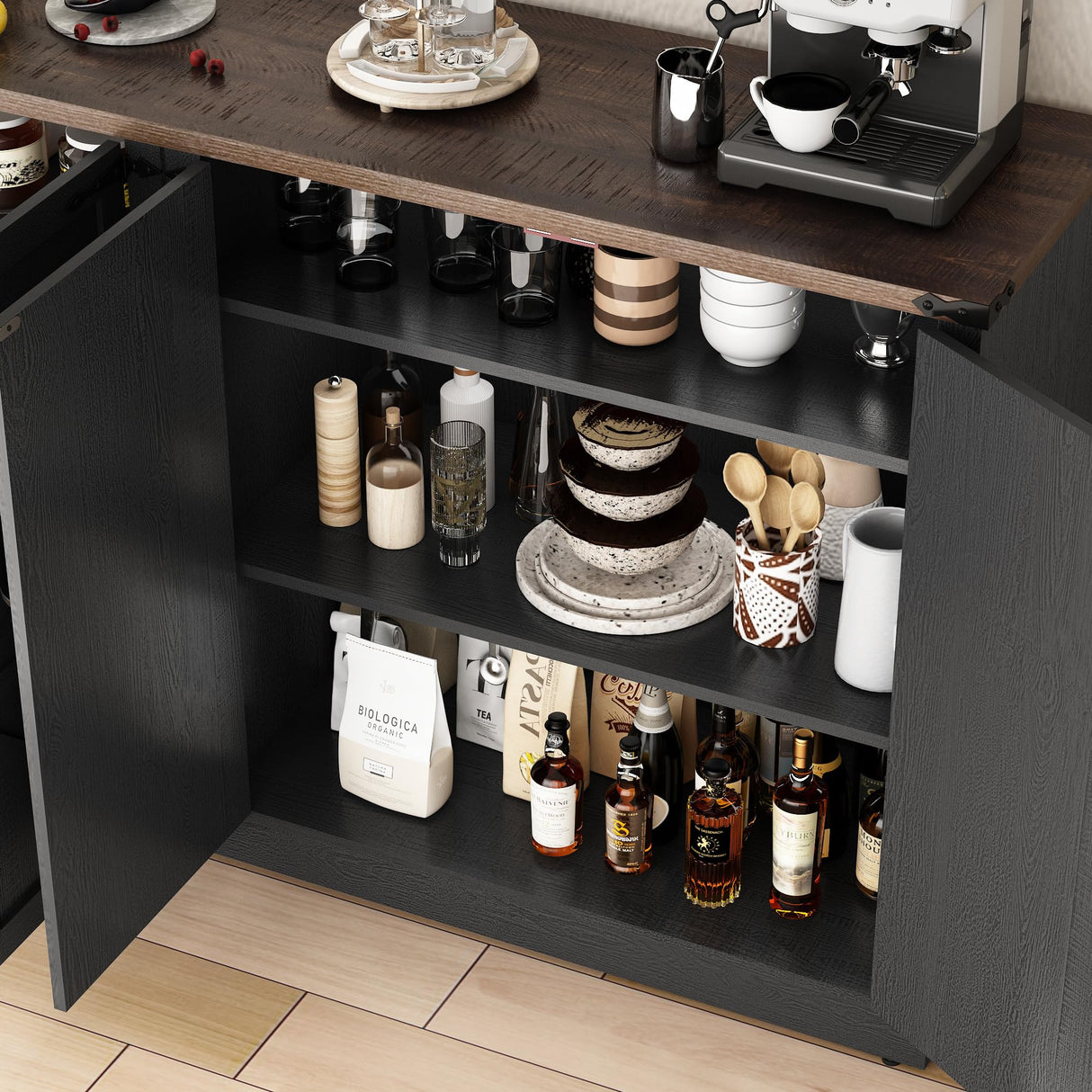 Sideboard Buffet Cabinet with Storage - 65’’ Large Farmhouse Buffet Table Coffee Bar Cabinets, Modern Accent Cabinet with Adjustable Shelf and 4 Doors, for Kitchen, Dining Room, Living Room, Black chartustriable