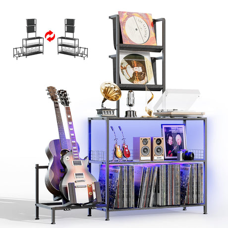 kepptory Vinyl Record Player Stand with Guitar Stand, Record Player Table with RGB LED Light, Record Player Cabinet with Vinyl Storage Holds up to 300+ Albums, Vinyl Player Stand for Home Use (Black) kepptory