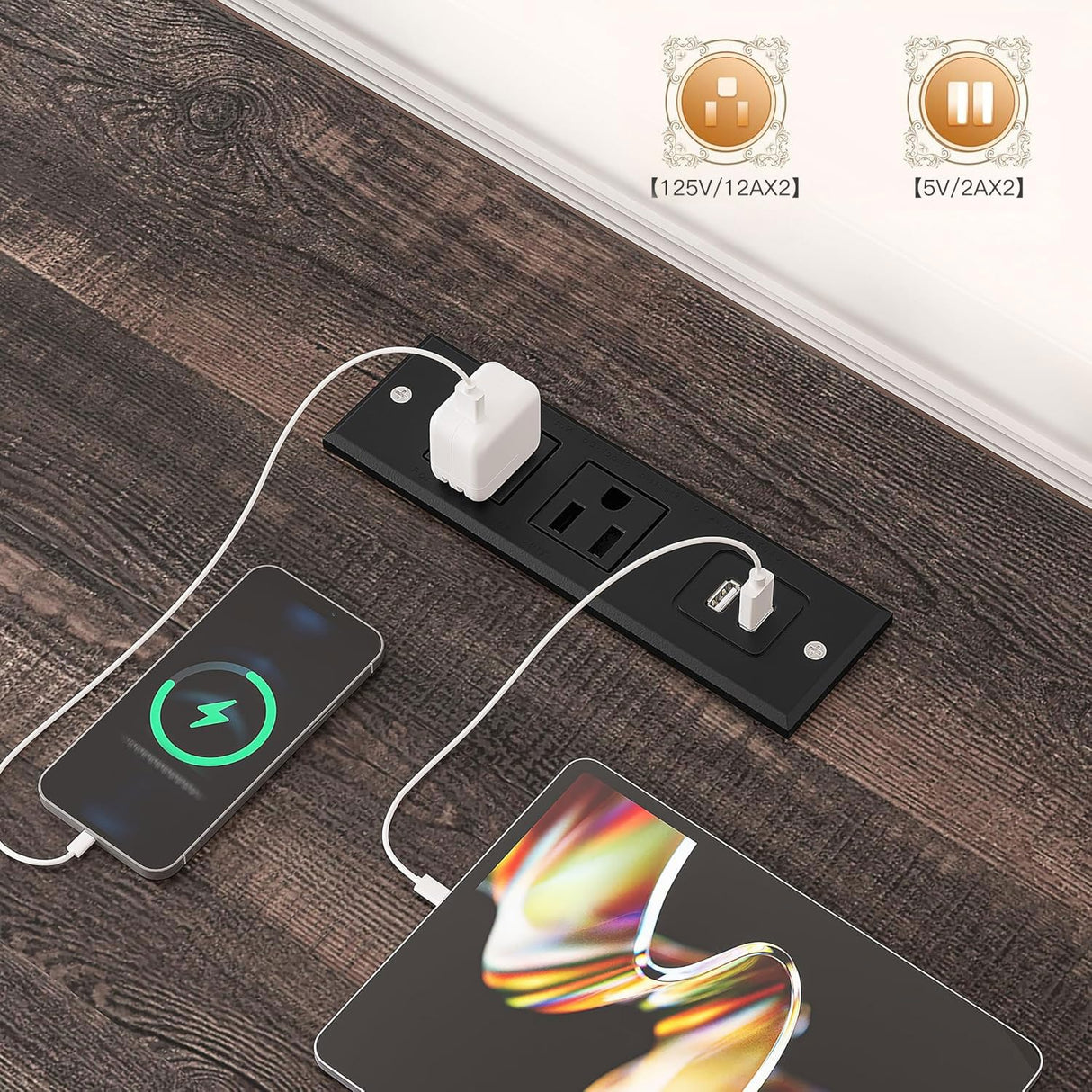 EnHomee 7 Cube Bookshelf Cubby Storage Organizer with LED Lights and Charging Station, Wood Shelf Display Cabinet for Bedroom, Living Room, Office Black Oak EnHomee