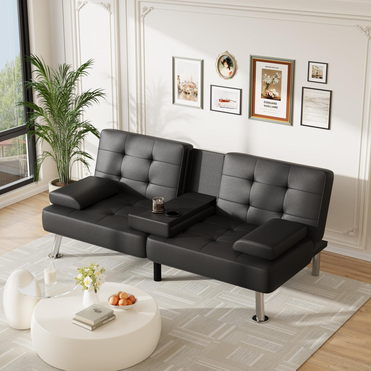 Furmax Futon Sofa Bed Adjustable Futon Couch Modern Sleeper Sofa Bed for Living Room, Business Office, Recliner Sofa with Cup Holders (PU Leather, Black) Furmax