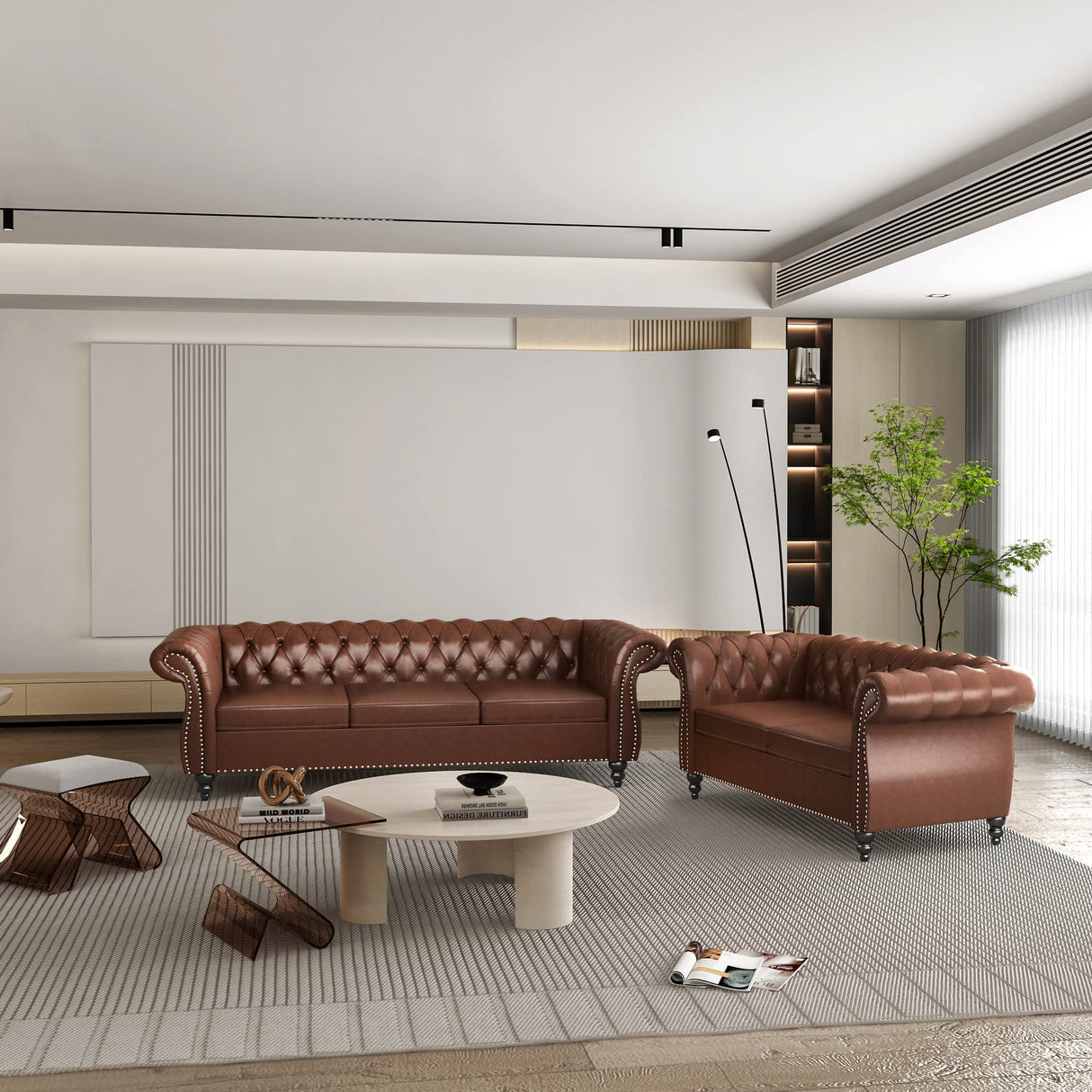 2 Piece Living Room Set, Chesterfield Leather Sofa Loveseat Couch with Scroll Arms and Nailhead for Living Room, Office (Dark Brown) ORRD