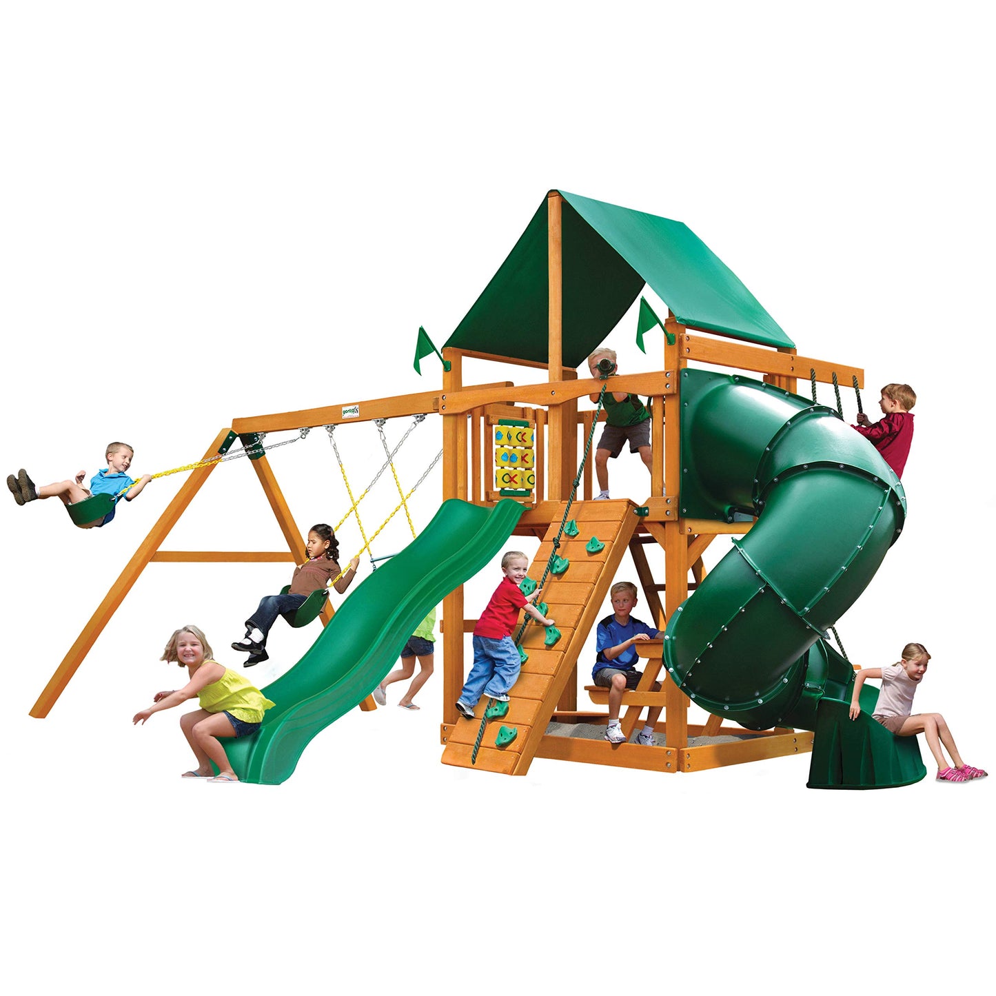 Gorilla Playsets 01-0005-AP-1 Mountaineer Wood Swing Set with Green Vinyl Canopy, Tube Slide, Two Swings, Sandbox, Picnic Table, Two Belt Swings, Amber - WoodArtSupply