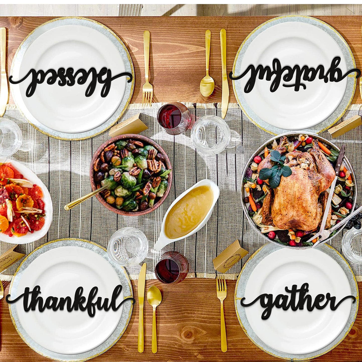 Thanksgiving Black Wooden Table Word Place Setting 5PCS Thankful Grateful Blessed Gather Home Tablescape Words Laser Cut Wood Plate Letter Sign Farmhouse Table Signs Decor Holiday Place Cards - WoodArtSupply