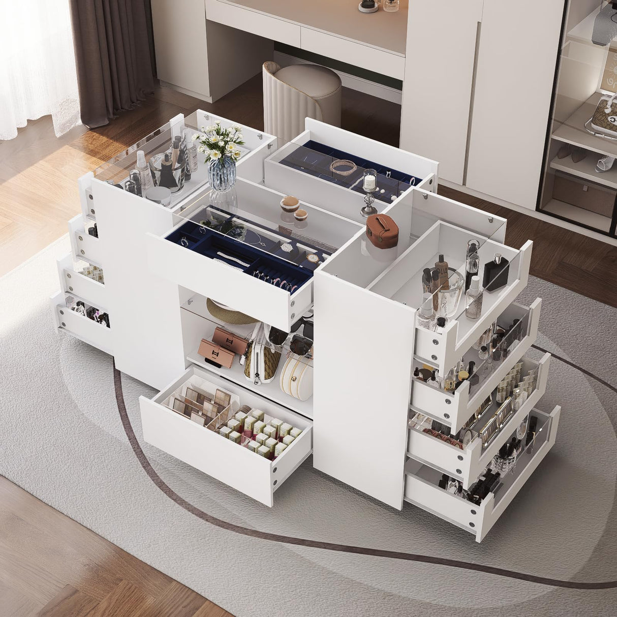 LIVAUVEAD Closet Island with Drawers, Wardrobe Armoire Bedroom Island, Glass Display Shelf & 12 Drawers, White Dresser with Glass Top, Walk-in Closet Island for Bedroom, Cloakroom LIVAUVEAD