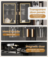 Cozivolife Wine Rack Freestanding Floor,Liquor Bottles Display Organizer with Doors Glass Holder,4 Tiers for Alcohol Accessories Storage and Side 4-Layer Shelves (Black) Cozivolife