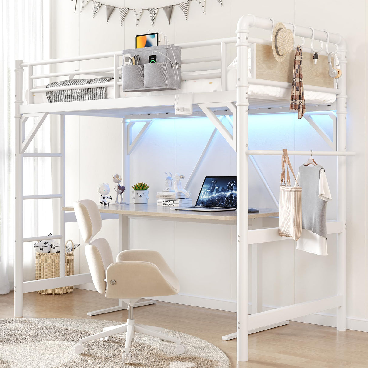 Twin Size Loft Bed with LED Lights and Charging Station, Industrial Heavy Duty Metal Loft Bed Frame with Ladder and Guardrail for Kids Adults, Small Space Saving Design for Bedroom Dorm, White Jocoevol