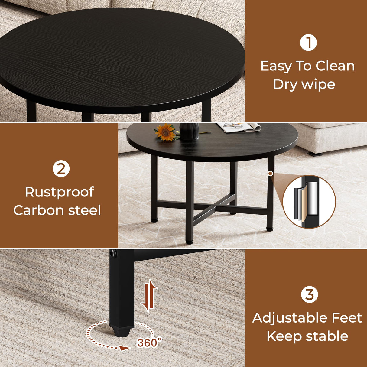 FURMORENE Coffee Table, 23.6" Small Coffee Tables, Black Round Coffee Tables for Living Room, Floor Table for Sitting on The Floor, Center Coffee Table with Metal Frame for Office Apartment Home FURMORENE