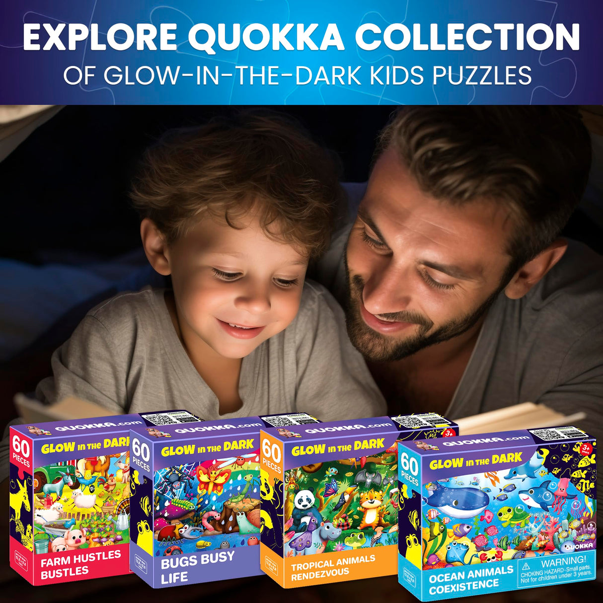QUOKKA 4x60 Piece Puzzles for Kids Ages 4-6 – Glow-in-The-Dark Puzzles for Kids 4-8 I Farm Bugs Tropical & Ocean Animals I Fun Educational Toddler Puzzles for Boys & Girls – Educational Game Toys Gift QUOKKA