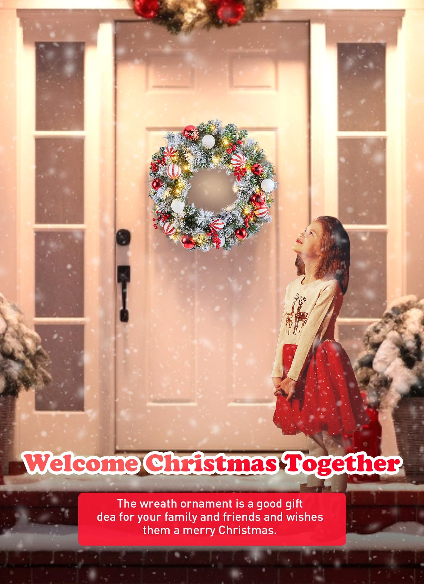 Pre-Lit Artificial Christmas Wreath 24Inch, Christmas Door Decorations Wreath with 50LED Warm Lights, Christmas Balls, Pine Needles, and Red Berries for Front Door Wall Windows X-mas Ornament