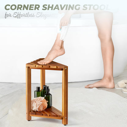 BLUEWEST Corner Shower Stool, Wooden Corner Shower Bench for Shaving Legs Inside Shower, Waterproof Shower Foot Rest with Storage Shelf, Shower Seats and Benches - WoodArtSupply