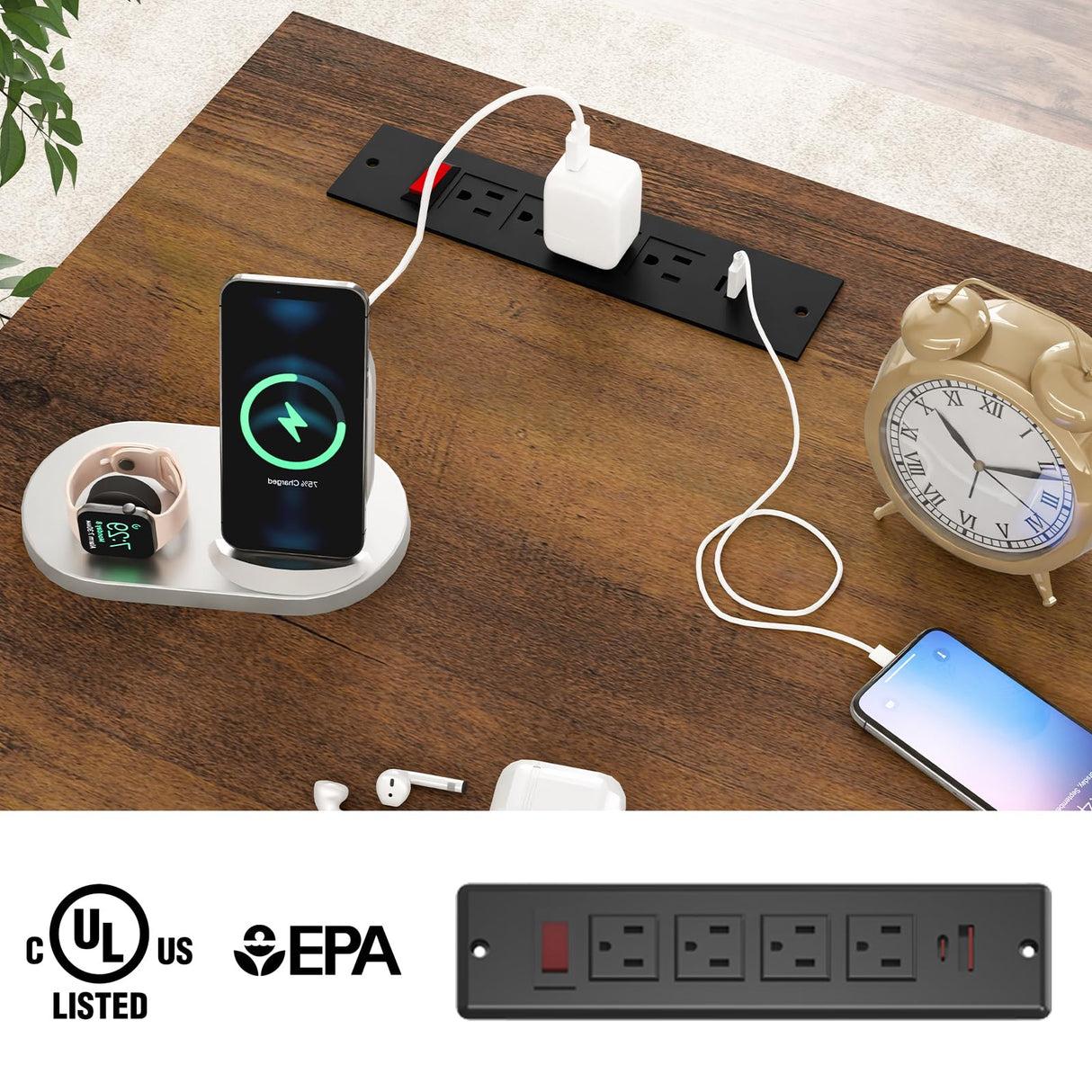 Farmhouse 61'' Executive Desk with 5 Drawers, Rustic Office Desk Computer Desk with Charging Station, File Drawers and Storage Cabinet, Wood Workstation for Home Office and Study, Unique White Halitaa