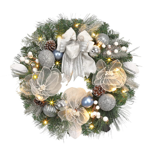 Lighted Christmas Wreath for Front Door with 20 LED Lights,22inch prelit Christmas Wreath with Big Flower and Ball Ornament,Winter Porch Decor,Indoor Outdoor Christmas Silver White Decorations