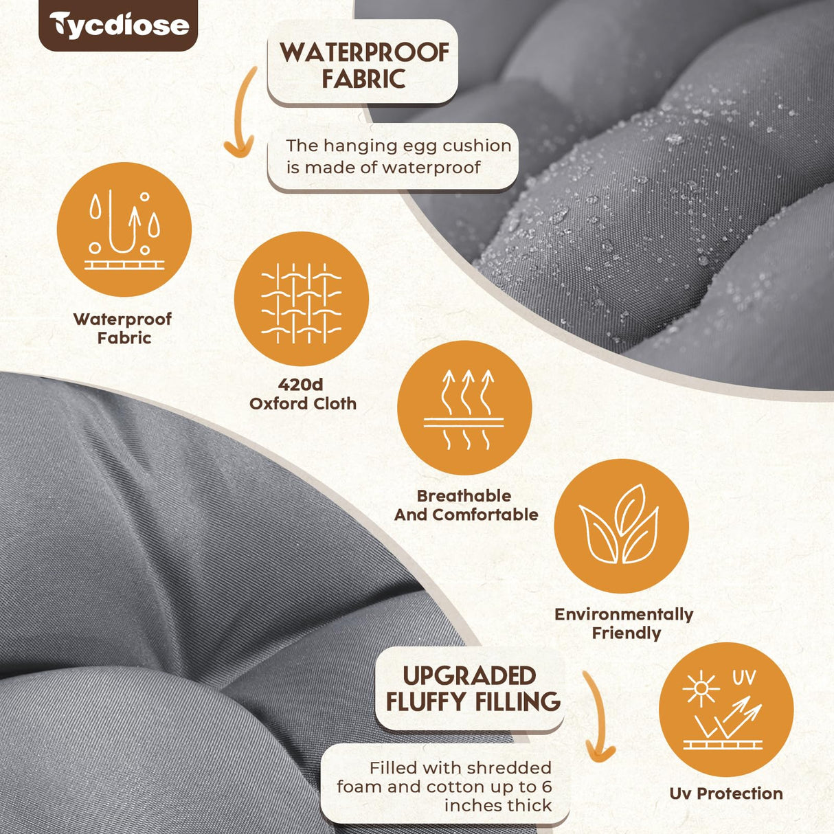 Tycdiose Egg Chair Cushion Replacement, Waterproof Outdoor Hanging Egg Swing Chair Cushions Pads, U-Shaped Thickened Cushions for Hanging Eggs Chair with Ties, 47x33x7 Inches (Grey) Tycdiose