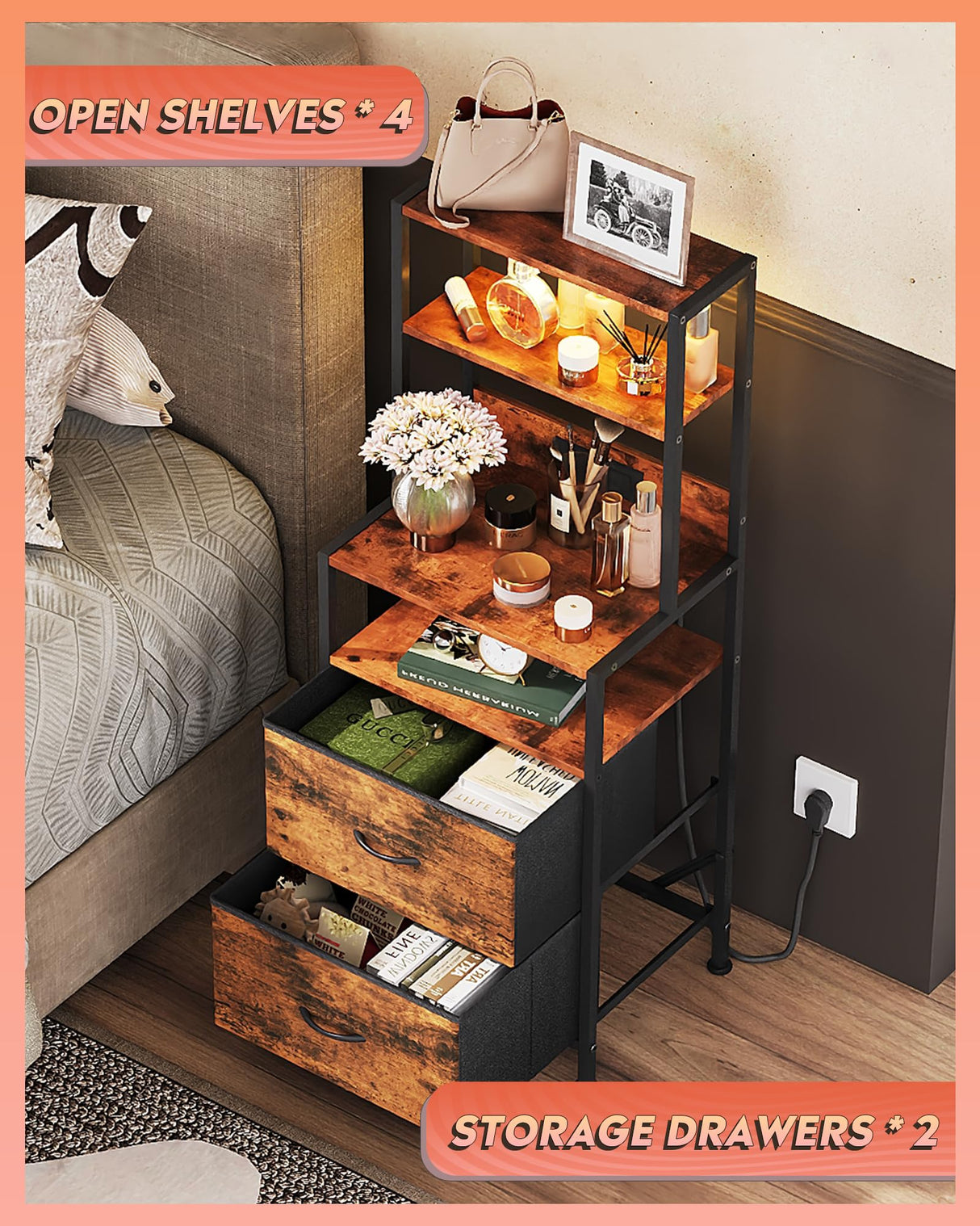 WLIVE Nightstand Set of 2 with Charging Station, LED Night Stand Sets with 2 Drawers and 4 Storage Open Shelves, Fabric Dressers for Bedroom, Rustic Brown WLIVE