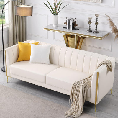 FOTOSOK 78'' Sofa, Modern White Couches for Living Room with 2 Throw Pillows, Comfy Faux Leather Sofa 3 Seater Sofa with Gold Metal Legs, Cloud Sofa Couch Deep Seat Sofas (Cream White)
