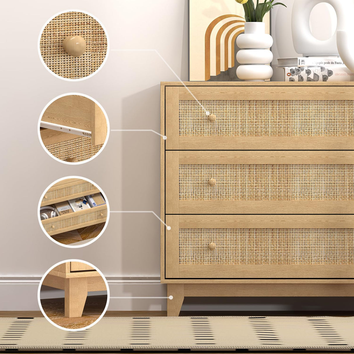 3 Drawer Rattan Dresser for Bedroom, Modern Natural Wooden Dresser, Beside Table for Closet, Boho Nightstand Chests of Drawers for Bedroom, Living Room, Entryway, Hallway yesasin