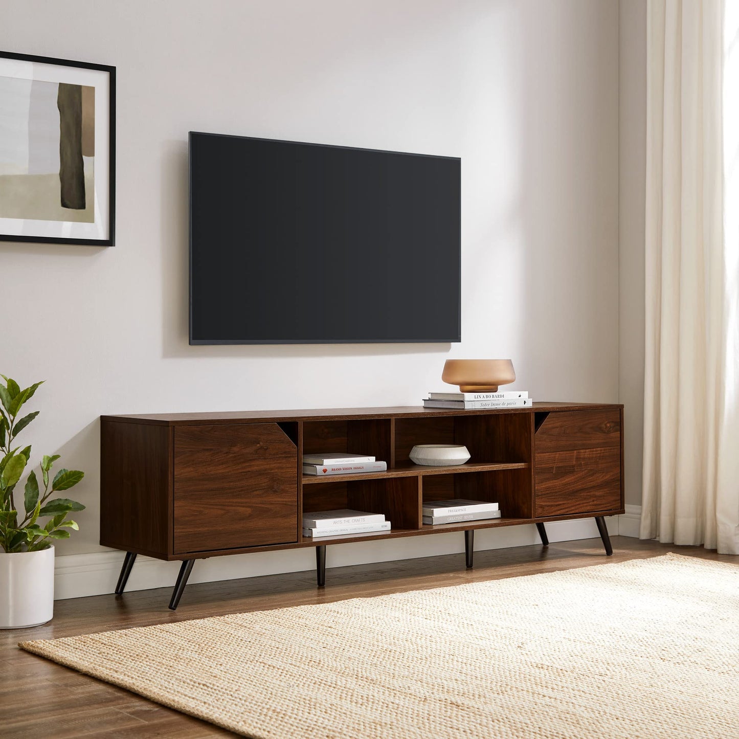 Walker Edison Nora Modern Minimal Open-Shelf Stand for TVs up to 80 Inches, 70 Inch, Dark Walnut - WoodArtSupply