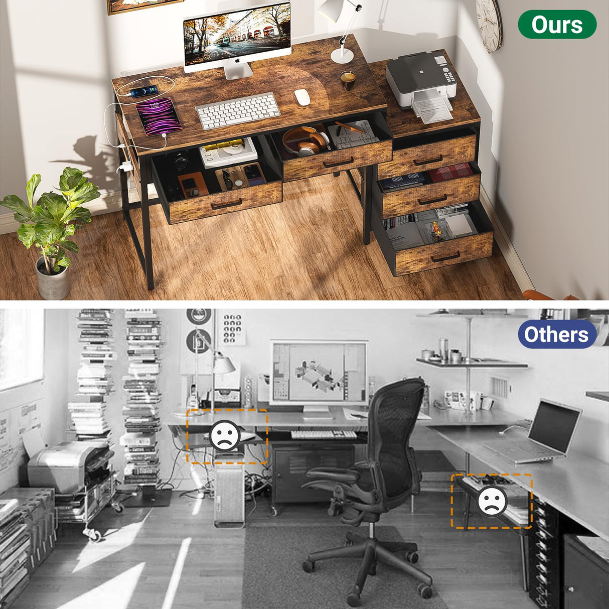 Unikito Computer Desk with 5 Drawers, Reversible Home Office Desk with Power Outlets, Sturdy Writing Desk with File Cabinet and Printer Stand, Vanity Desk with Storage for Small Space, Rustic Brown Unikito