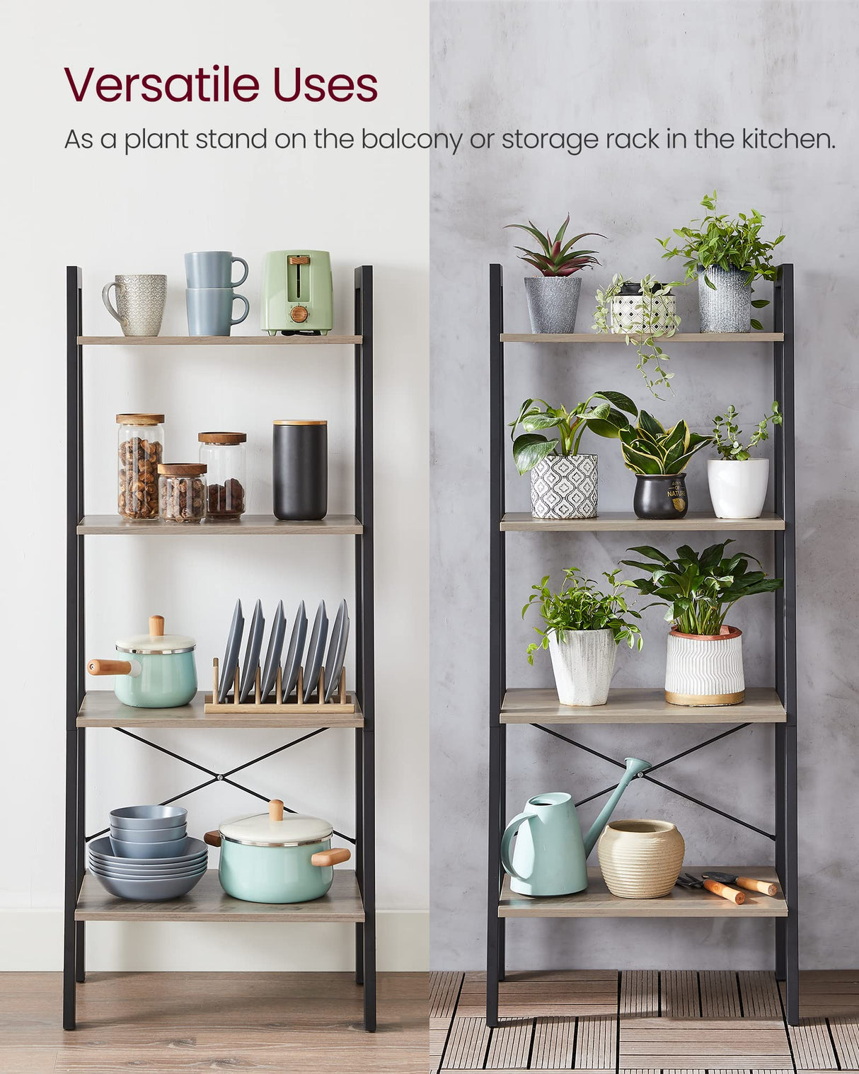 VASAGLE Ladder Shelf, 4-Tier Bookshelf, Storage Rack, Bookcase with Steel Frame, for Living Room, Home Office, Kitchen, Bedroom, Industrial Style, Greige and Black ULLS44MB VASAGLE