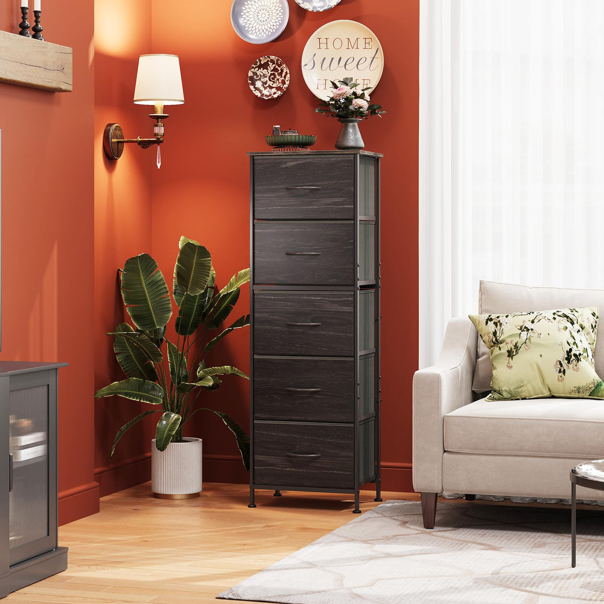WLIVE Fabric Dresser, 5-Drawer Tall Dressers for Bedroom, Storage Dresser Organizer with Wood Top, Sturdy Steel Frame, Chest of Drawers for Closet, Hallway, Charcoal Black Wood Grain Print WLIVE