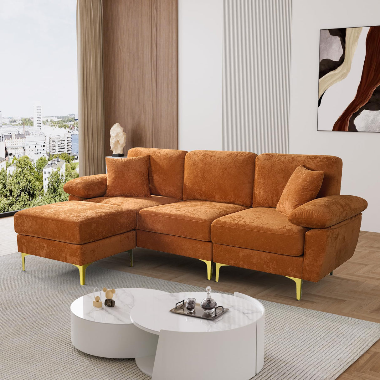 OUYESSIR L Shaped Sectional Sofa Couch, 91" Upholstered Velvet 3 Seat Sofa with Ottoman and Pillows, Comfy Couch Sleeper for Living Room, Bedroom (Orange) OUYESSIR