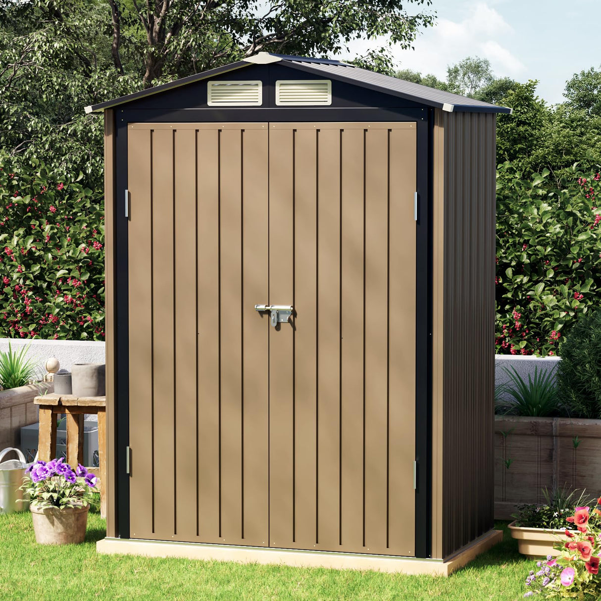 Grovellis 5x3 FT Outdoor Metal Storage Shed with Floor Frame, Double Door, 1 Clear Window, Tool Shed for Garden, Patio, Backyard Brown Grovellis