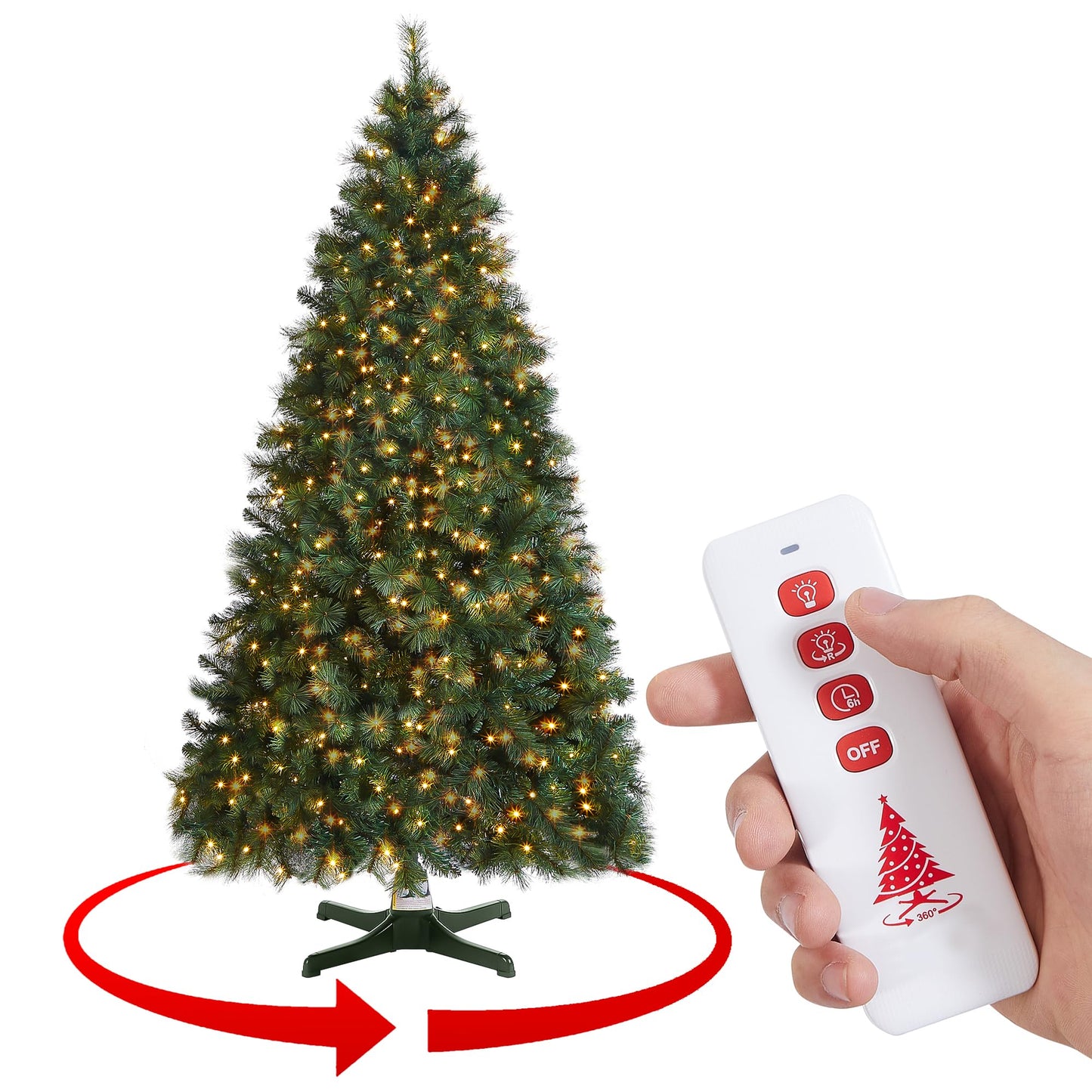 GREATDAY 7 Foot Artificial Pre-Lit Rotating Christmas Tree with Remote Control and Timer,W/500 Clear LED Lights,1000 Branch Tips PVC&Pine Needles Mix and 360-Degree Rotating Stand with Remote Control