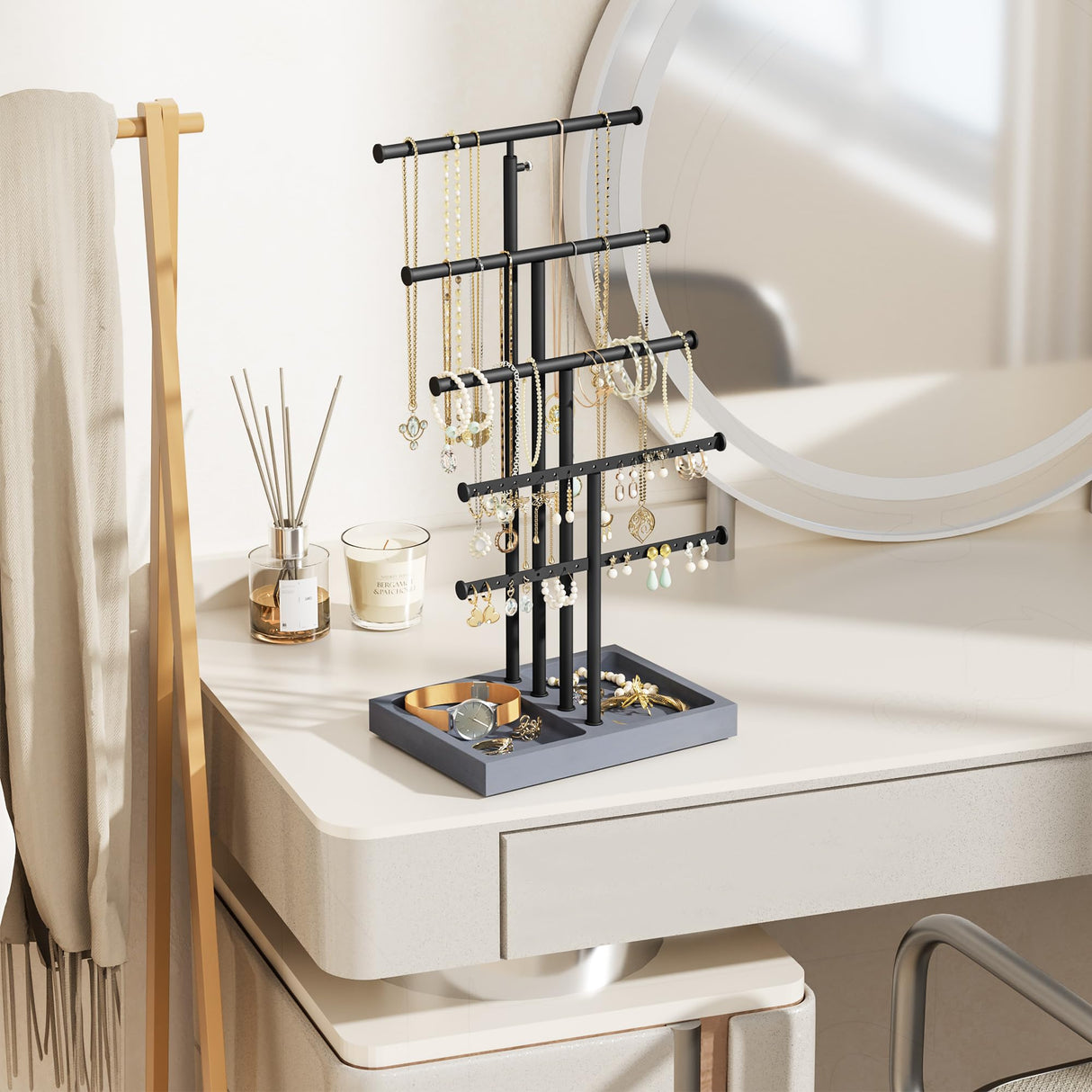 Love-KANKEI Jewelry Organizer Stand,5 Tier Large Necklace Holder with Wood Base,Jewelry holder stand Tree for Display,Bracelets Earrings Rings,Height Adjustable Gift Weathered Grey Love-KANKEI