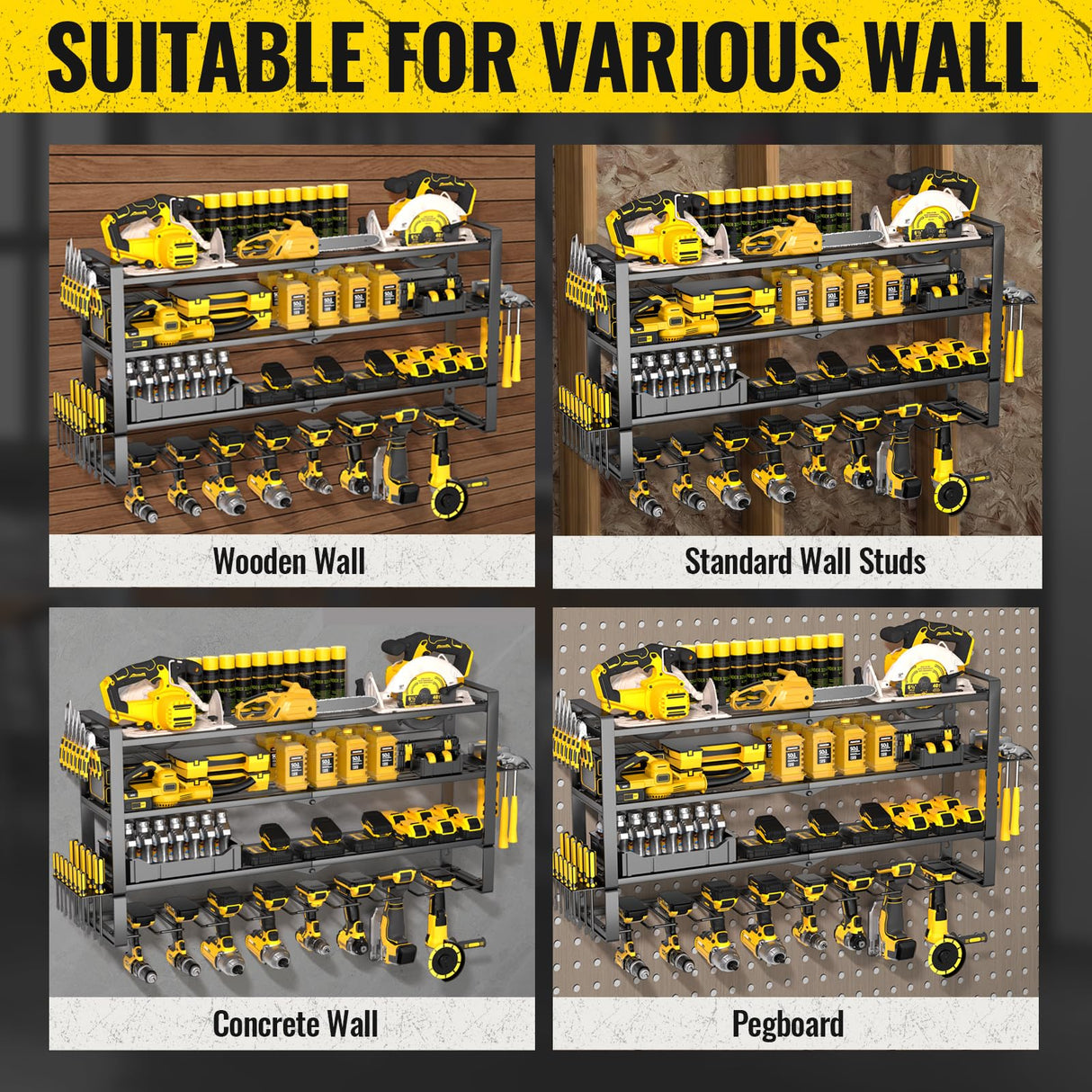 MOOMSINE 4 Layer Large Power Tool Organizer Wall Mount, Heavy Duty Metal Tool Storage Rack with 8 Cordless Drill Holder, Battery Tools Hanger with Charging Station Shelf for Garage Organization MOOMSINE